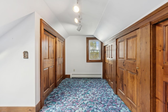 117 Youngs Ridge Rd, Acton, ME 04001 - corridor featuring baseboard heating, carpet flooring, baseboards, and vaulted ceiling