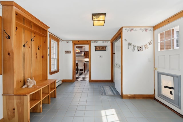 117 Youngs Ridge Rd, Acton, ME 04001 - mudroom featuring tile patterned floors, baseboards, and baseboard heating