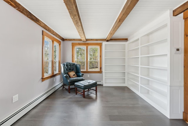 117 Youngs Ridge Rd, Acton, ME 04001 - sitting room featuring dark wood finished floors, a baseboard heating unit, a baseboard radiator, built in shelves, and beam ceiling