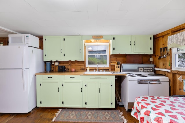 738 13th St, Acton, ME 04001 - kitchen featuring white appliances, green cabinets, and dark wood-type flooring
