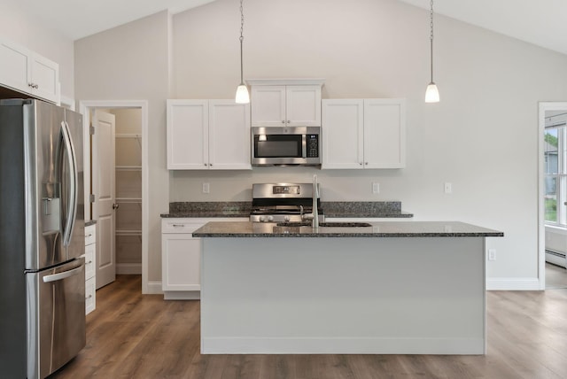 79 Colins Meadow Ln, Alfred, ME 04002 - kitchen featuring stainless steel appliances, high vaulted ceiling, a sink, baseboards, and white cabinetry