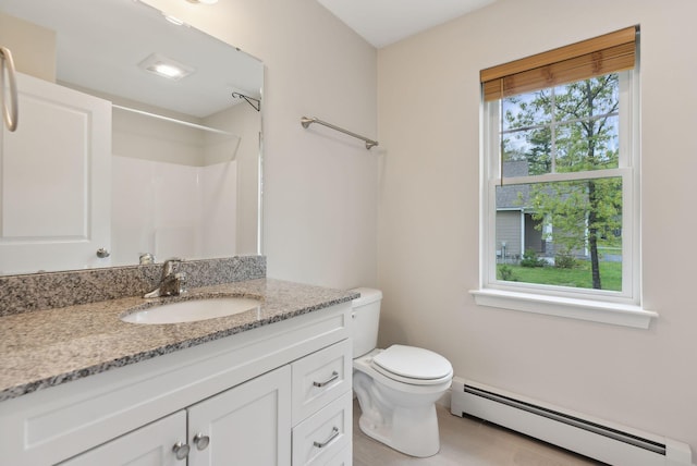 79 Colins Meadow Ln, Alfred, ME 04002 - full bath featuring baseboard heating, toilet, a shower, and vanity