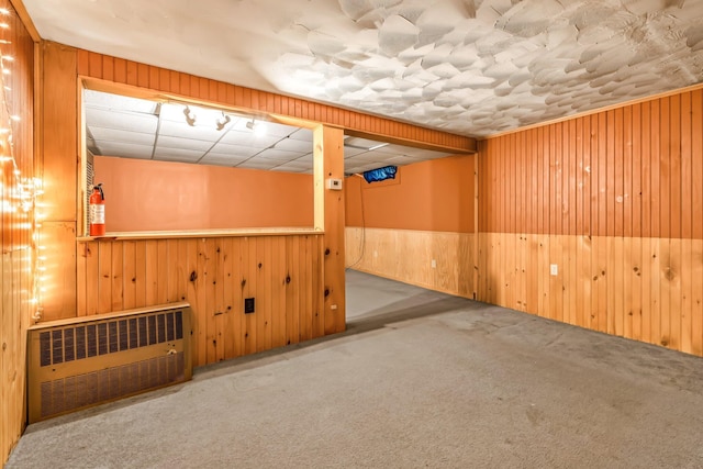 8 Sylvan Rd, Orono, ME 04473 - finished below grade area with wooden walls, carpet, a wainscoted wall, heating unit, and radiator heating unit