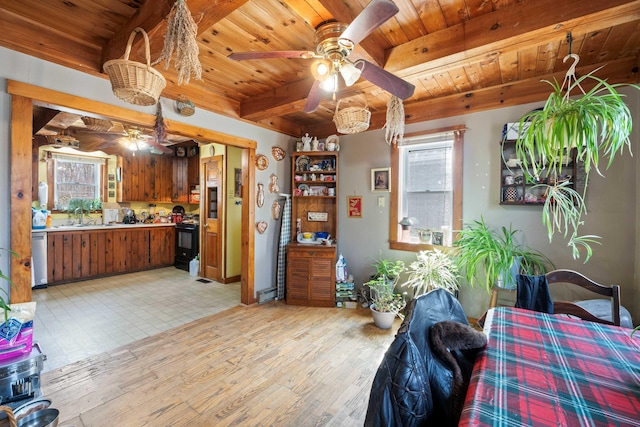 interior space with beamed ceiling, multiple windows, and wooden ceiling