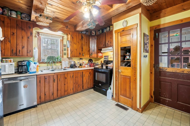 kitchen with wooden ceiling, dishwasher, black / electric stove, and a sink