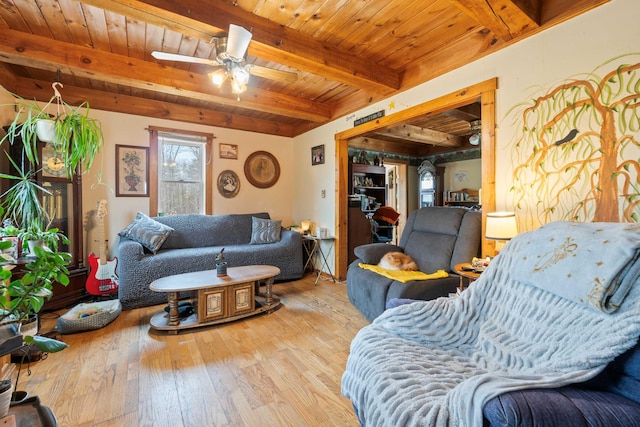 living room with beamed ceiling, wood ceiling, hardwood / wood-style floors, and a ceiling fan