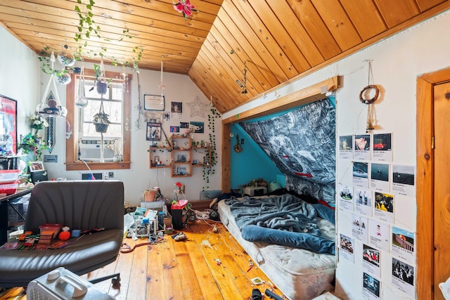 interior space featuring cooling unit, wooden ceiling, and wood-type flooring