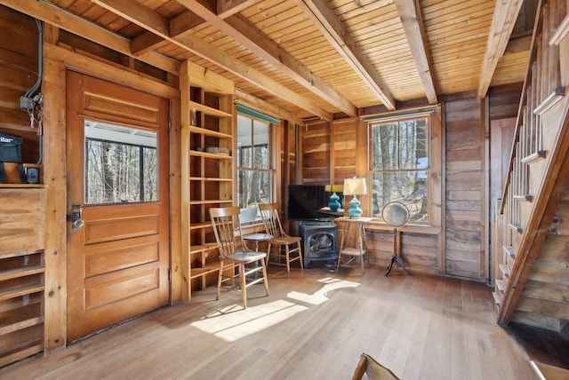 34 Jordan Shore Dr, Poland, ME 04274 - office space with wood ceiling, wooden walls, beam ceiling, and a wood stove