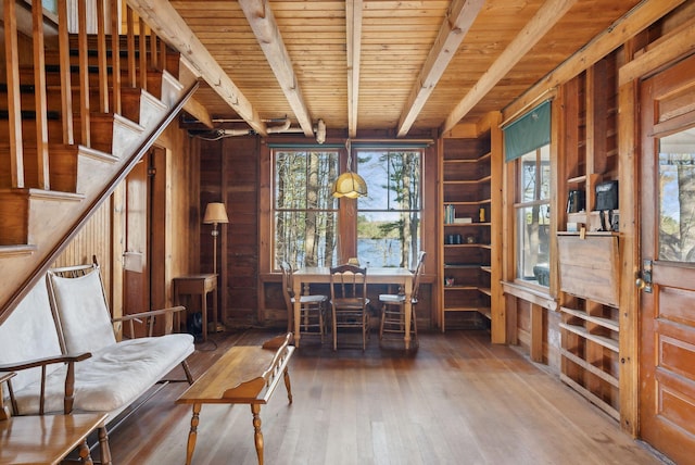 34 Jordan Shore Dr, Poland, ME 04274 - sitting room with hardwood / wood-style flooring, wooden ceiling, beam ceiling, and wooden walls
