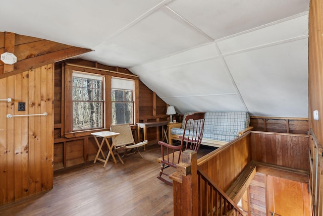34 Jordan Shore Dr, Poland, ME 04274 - additional living space with lofted ceiling, hardwood / wood-style floors, and wooden walls