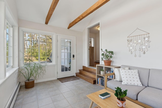 34 Jordan Shore Dr, Poland, ME 04274 - tiled living area with a baseboard heating unit, lofted ceiling with beams, baseboards, and stairway