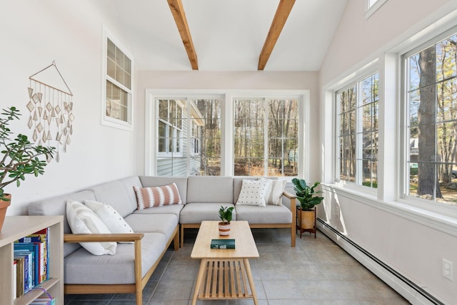 34 Jordan Shore Dr, Poland, ME 04274 - sunroom with a baseboard radiator, tile patterned flooring, and vaulted ceiling with beams