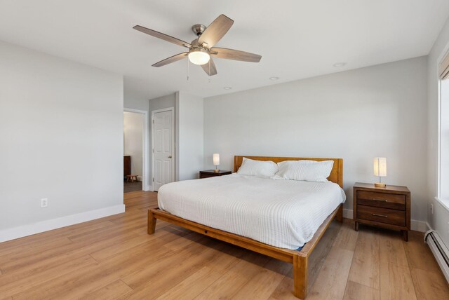 34 Jordan Shore Dr, Poland, ME 04274 - bedroom with a baseboard heating unit, baseboards, light wood finished floors, and ceiling fan