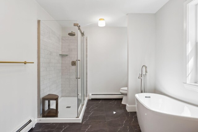 34 Jordan Shore Dr, Poland, ME 04274 - full bath with a soaking tub, baseboard heating, marble finish floor, and a stall shower