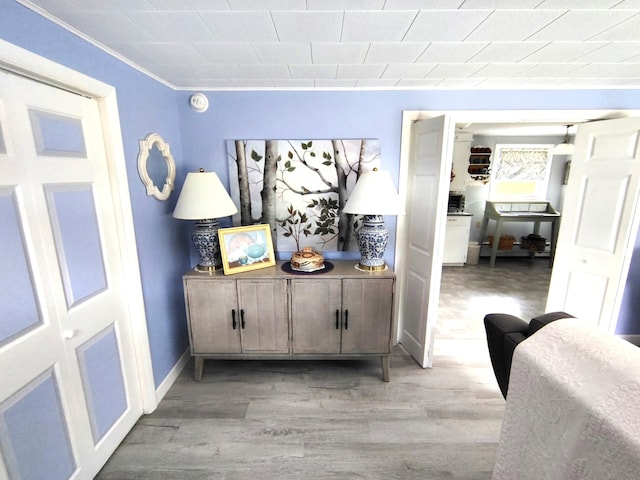 90 Whig St, Winterport, ME 04496 - hall with light wood finished floors, crown molding, a desk, and baseboards
