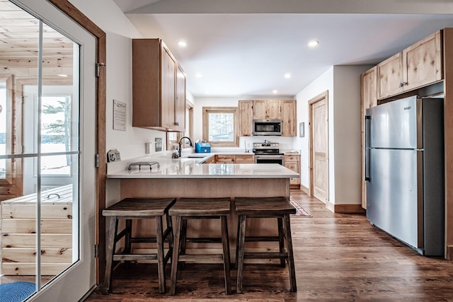 kitchen with stainless steel appliances, a peninsula, light brown cabinets, and dark wood-style floors