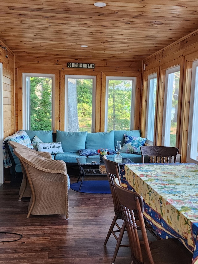 sunroom with wooden ceiling, wood walls, and wood finished floors