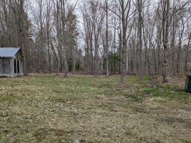 view of yard with a view of trees and an outbuilding