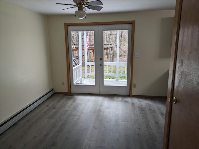 doorway featuring a baseboard heating unit, ceiling fan, french doors, and plenty of natural light