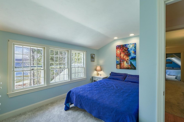 bedroom with vaulted ceiling, baseboards, carpet floors, and recessed lighting