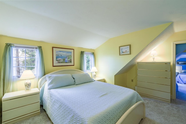 carpeted bedroom with lofted ceiling and multiple windows