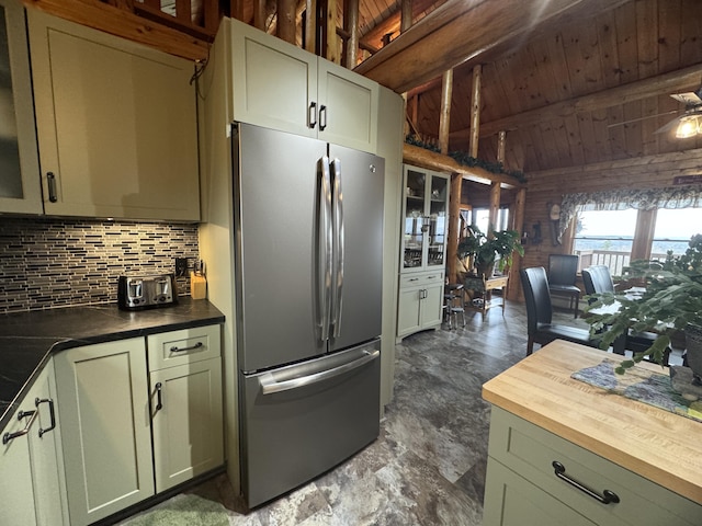 1083 N Rd, Ripley, ME 04930 - kitchen featuring backsplash, wooden counters, freestanding refrigerator, and wooden ceiling