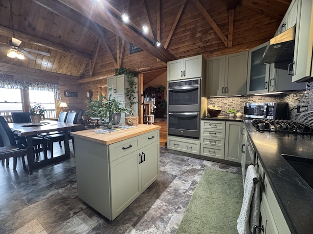 1083 N Rd, Ripley, ME 04930 - kitchen featuring tasteful backsplash, wooden counters, wooden ceiling, and stainless steel appliances