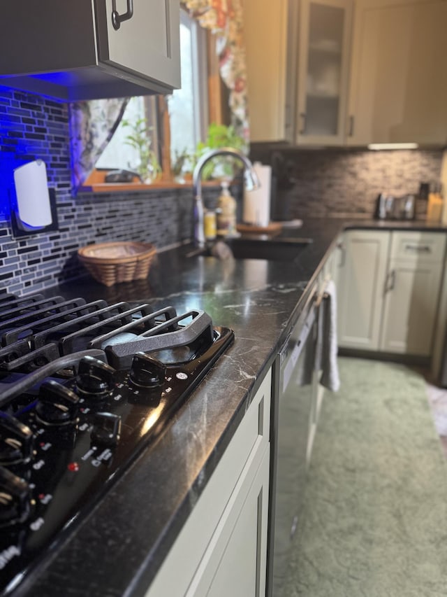 1083 N Rd, Ripley, ME 04930 - kitchen featuring glass insert cabinets, black gas stovetop, backsplash, dishwasher, and a sink
