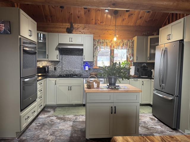 1083 N Rd, Ripley, ME 04930 - kitchen with glass insert cabinets, wood ceiling, appliances with stainless steel finishes, a center island, and backsplash