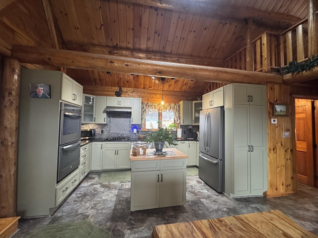 1083 N Rd, Ripley, ME 04930 - kitchen featuring beamed ceiling, wood ceiling, a center island, and stainless steel appliances