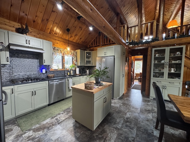 1083 N Rd, Ripley, ME 04930 - kitchen with wood counters, a kitchen island, decorative backsplash, stainless steel appliances, and wooden ceiling