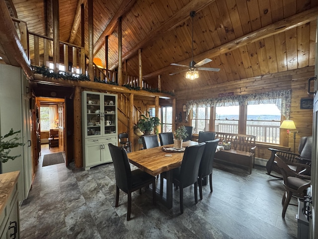 1083 N Rd, Ripley, ME 04930 - dining space with beam ceiling, ceiling fan, high vaulted ceiling, and wooden ceiling