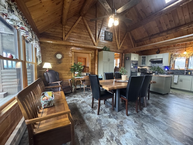 1083 N Rd, Ripley, ME 04930 - dining area with ceiling fan, wood ceiling, wooden walls, beam ceiling, and high vaulted ceiling