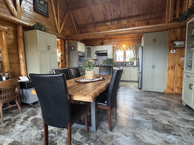 1083 N Rd, Ripley, ME 04930 - dining room featuring high vaulted ceiling, beamed ceiling, and wooden ceiling