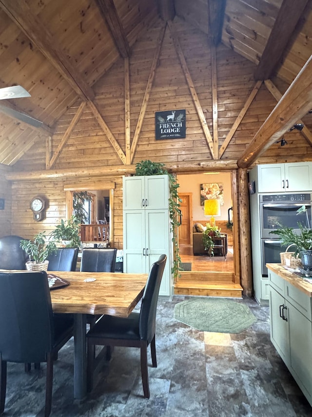 1083 N Rd, Ripley, ME 04930 - dining room with high vaulted ceiling, wood ceiling, and beam ceiling