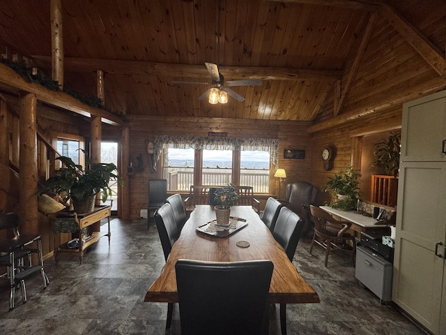 1083 N Rd, Ripley, ME 04930 - dining room featuring beam ceiling, high vaulted ceiling, a ceiling fan, and wooden ceiling