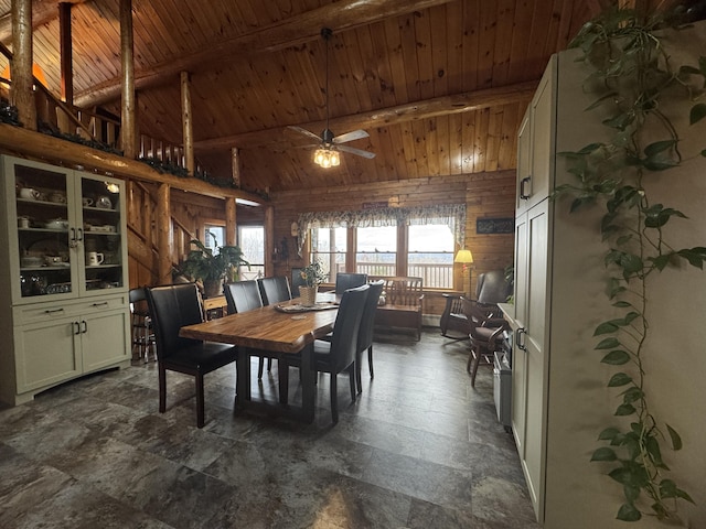 1083 N Rd, Ripley, ME 04930 - dining area featuring wooden walls, a ceiling fan, wooden ceiling, and stone finish floor