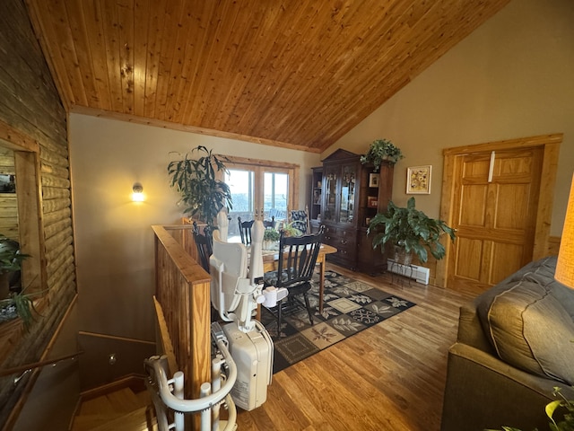1083 N Rd, Ripley, ME 04930 - living room featuring wood ceiling, wood finished floors, visible vents, and vaulted ceiling