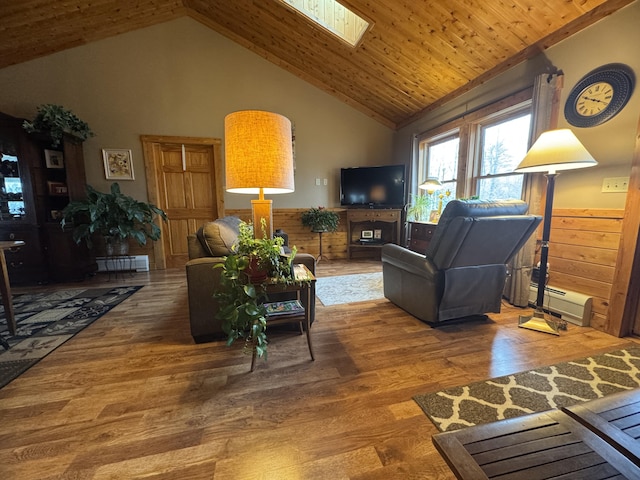 1083 N Rd, Ripley, ME 04930 - living area featuring visible vents, baseboard heating, a skylight, wood finished floors, and wood ceiling