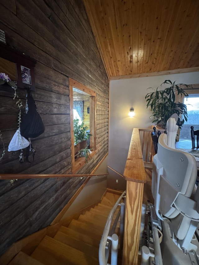 1083 N Rd, Ripley, ME 04930 - stairs featuring wooden walls, baseboards, wooden ceiling, and lofted ceiling