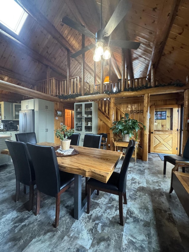 1083 N Rd, Ripley, ME 04930 - dining room featuring wooden ceiling, a ceiling fan, and wooden walls