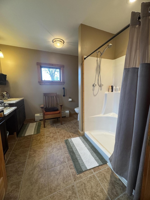 1083 N Rd, Ripley, ME 04930 - full bath with toilet, vanity, a shower with curtain, and baseboard heating
