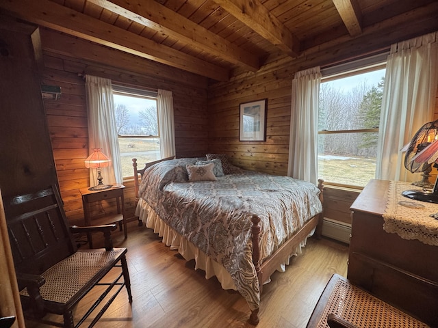 1083 N Rd, Ripley, ME 04930 - bedroom with wood ceiling, light wood finished floors, wooden walls, and beam ceiling