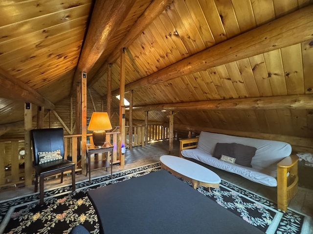 1083 N Rd, Ripley, ME 04930 - living area featuring wood ceiling and vaulted ceiling with beams