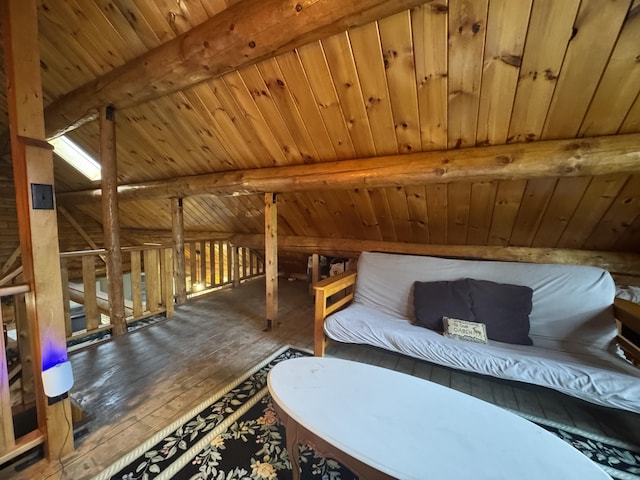 1083 N Rd, Ripley, ME 04930 - living area featuring wood ceiling, lofted ceiling with beams, and hardwood / wood-style flooring