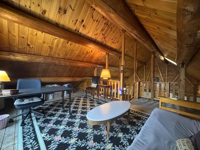 1083 N Rd, Ripley, ME 04930 - interior space featuring wood ceiling and lofted ceiling with beams