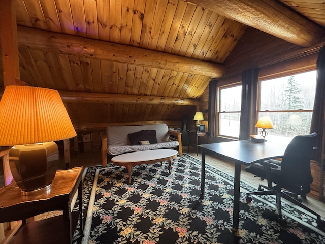 1083 N Rd, Ripley, ME 04930 - home office featuring wood ceiling, wood finished floors, and lofted ceiling with beams