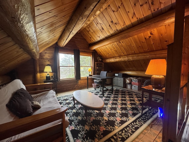 1083 N Rd, Ripley, ME 04930 - sitting room featuring wooden ceiling, wooden walls, and vaulted ceiling with beams