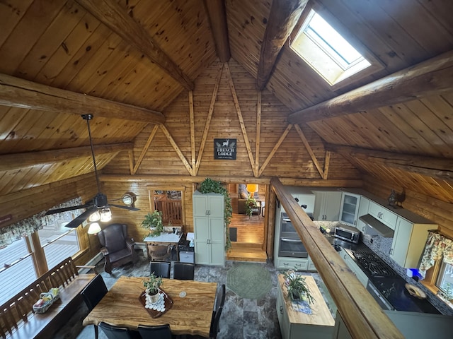1083 N Rd, Ripley, ME 04930 - living area with a skylight, beam ceiling, ceiling fan, high vaulted ceiling, and wood ceiling