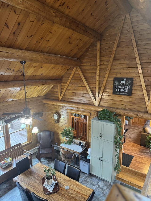 1083 N Rd, Ripley, ME 04930 - dining room featuring ceiling fan, wooden ceiling, and lofted ceiling with beams
